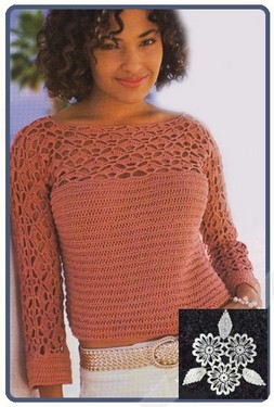 Пуловер с ажурной кокеткой