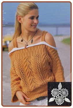 Ажурный пуловер с вырезом «кармен»