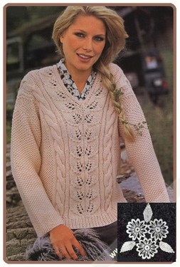 Пуловер с V-образным вырезом, узорной полосой и косами
